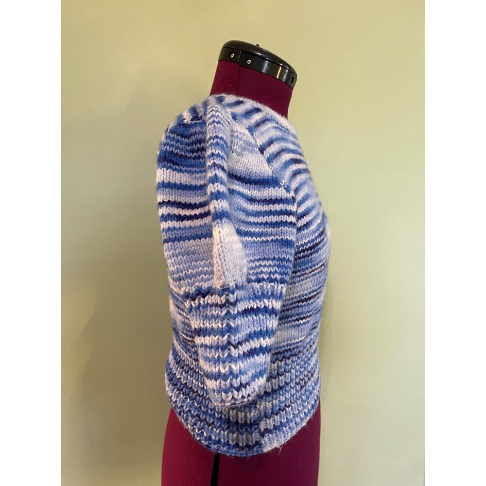 Vintage 1970s Hand Knitted Blue Variegated Crop Sweater Small - Picture 3 of 9